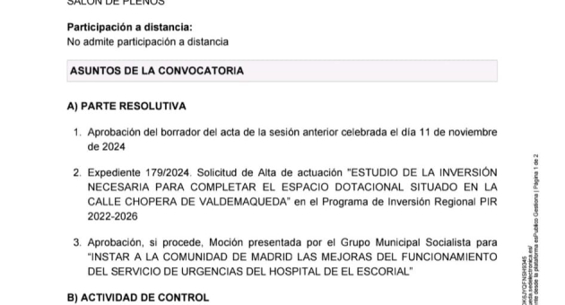 Convocatoria a Pleno sesión ordinaria, lunes 9 de diciembre a las 19:30h